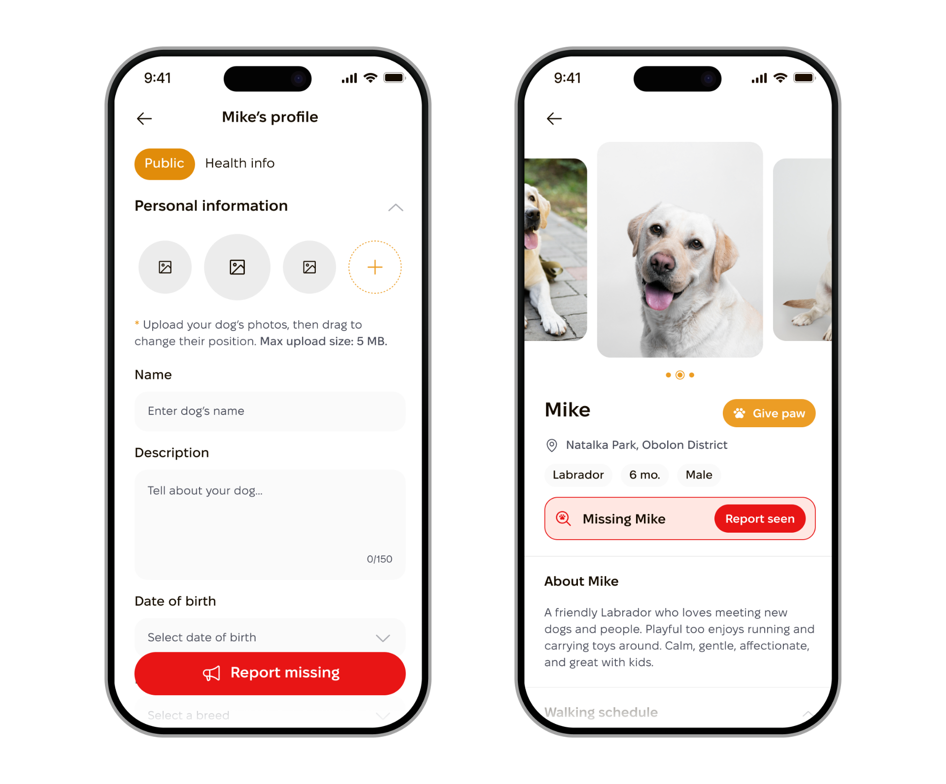 PackPawer lost dog screens — profile edit and missing dog report