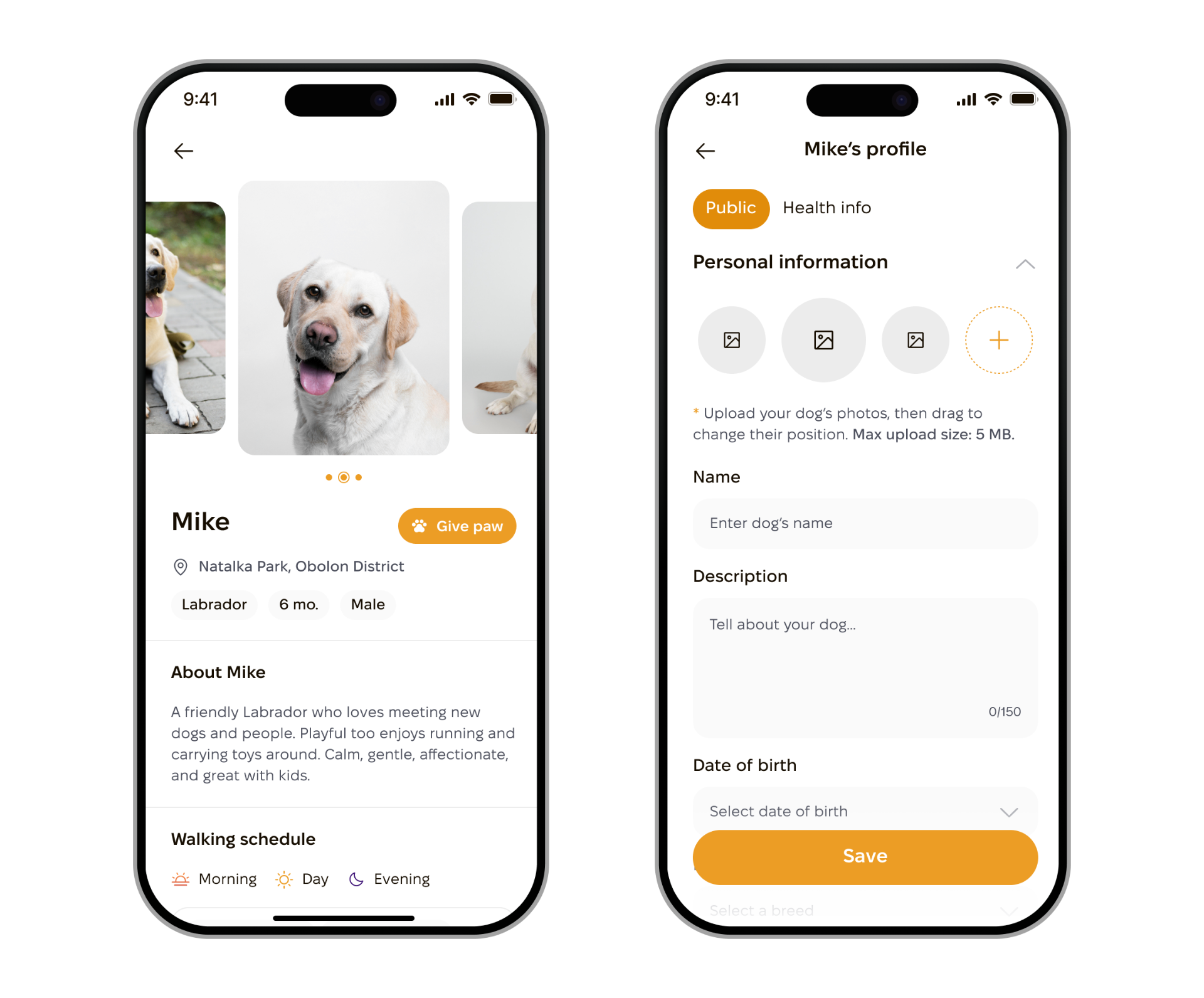 PackPawer profile screens — public profile and health info edit