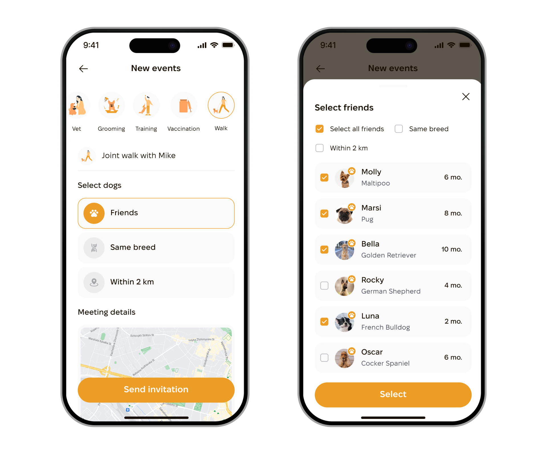 PackPawer walk together screens — new event and select friends