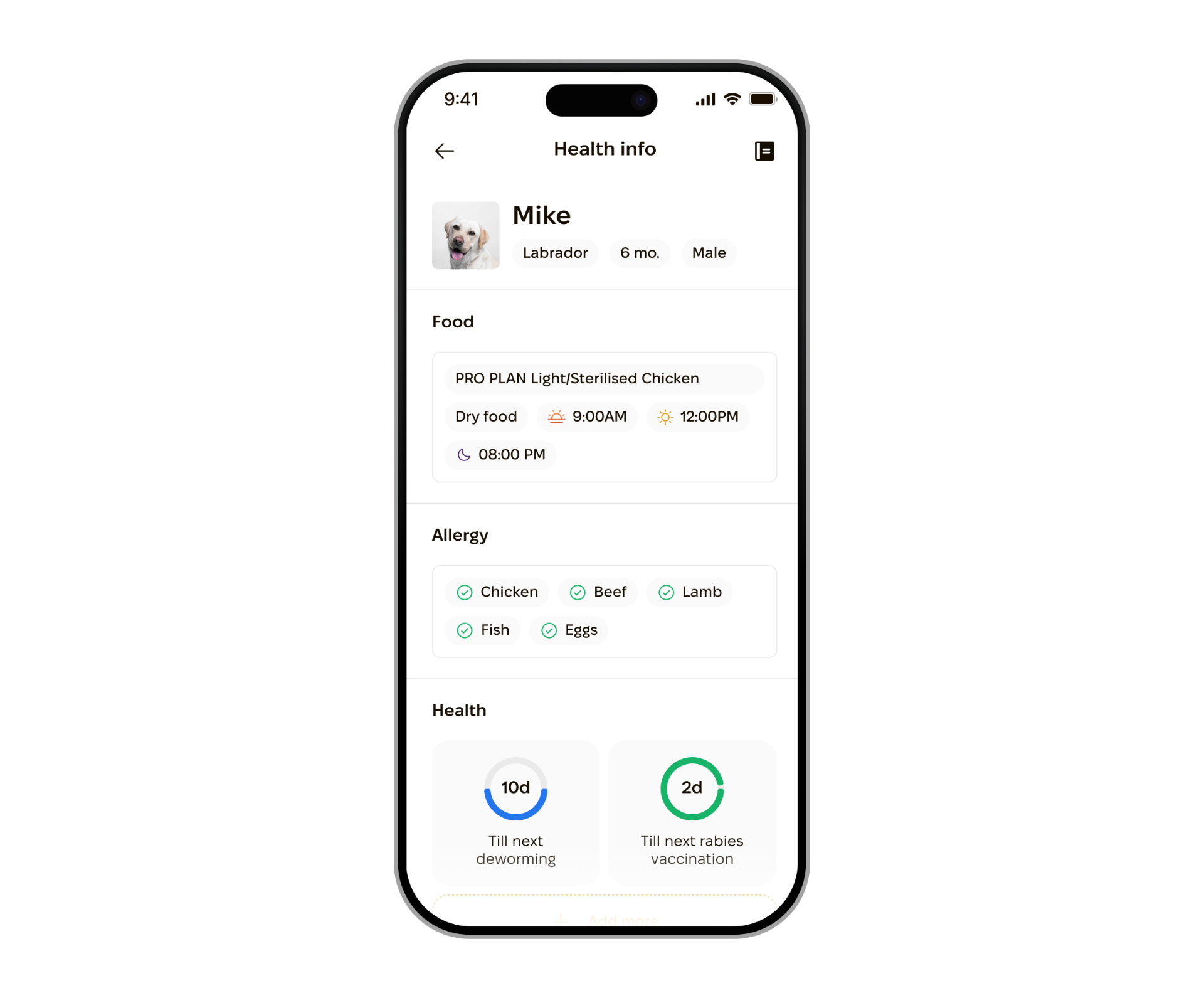 PackPawer dog health info screen with food, allergies and health