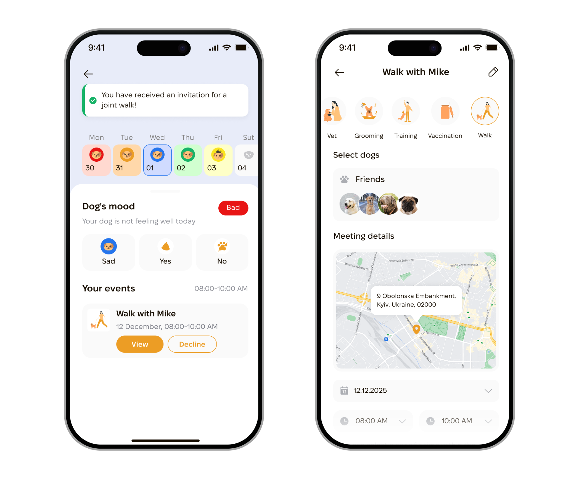 PackPawer walk together response screens — invitation and meeting details