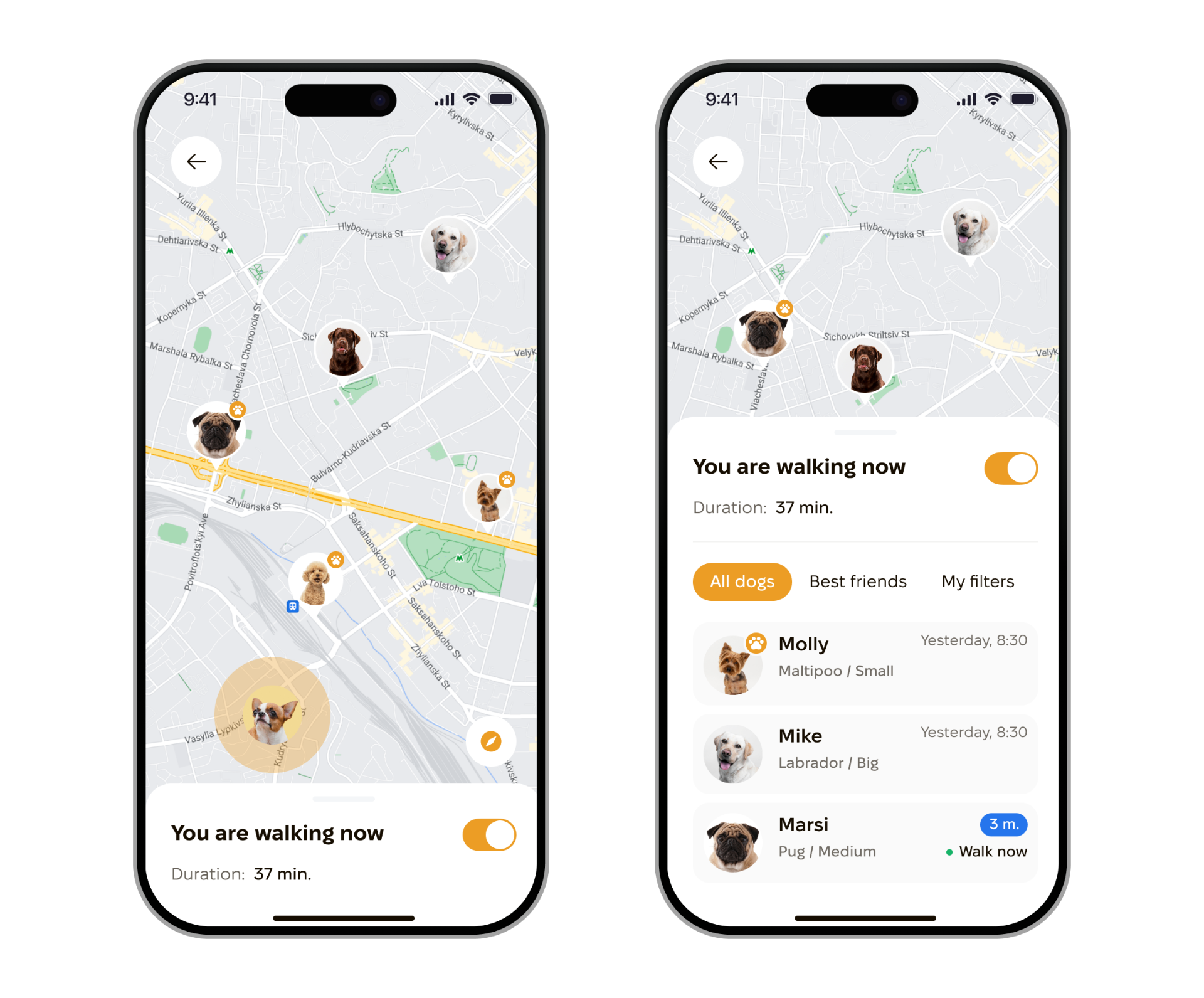 PackPawer dog walking screens — map view and walking session list