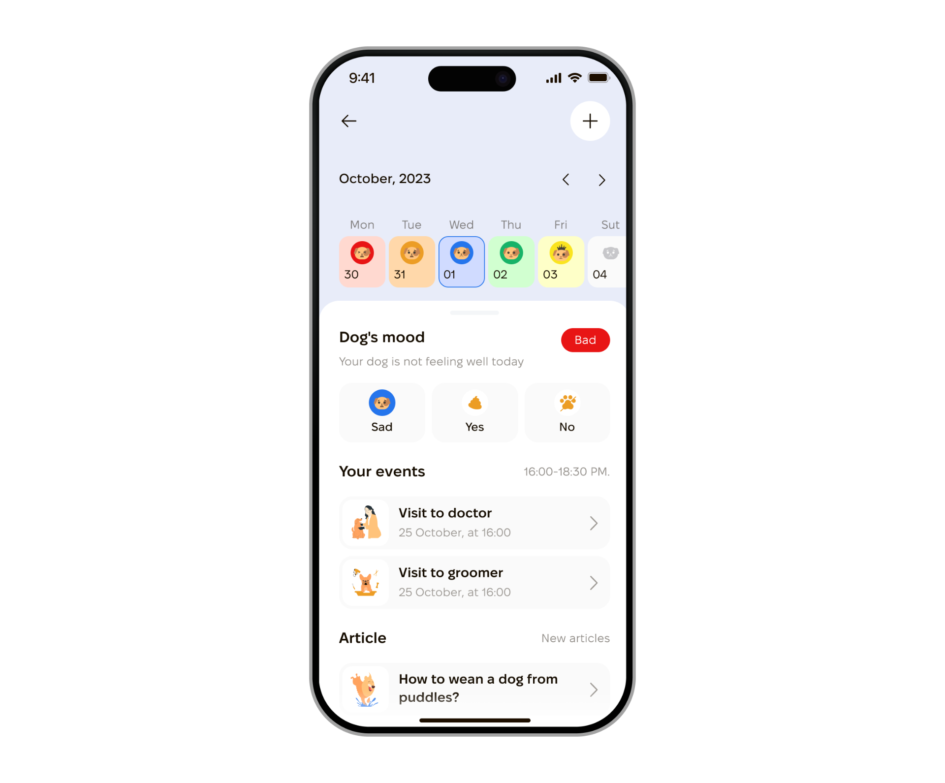 PackPawer journal screen with mood calendar, events and articles