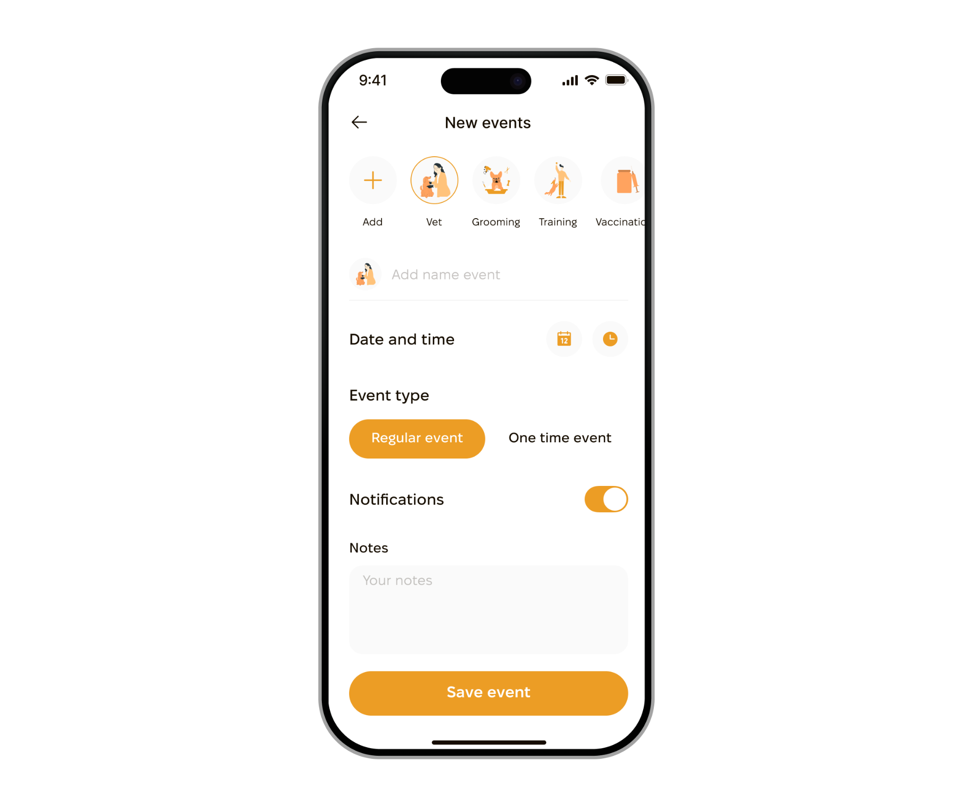 PackPawer new event screen with event types, date, time and notifications